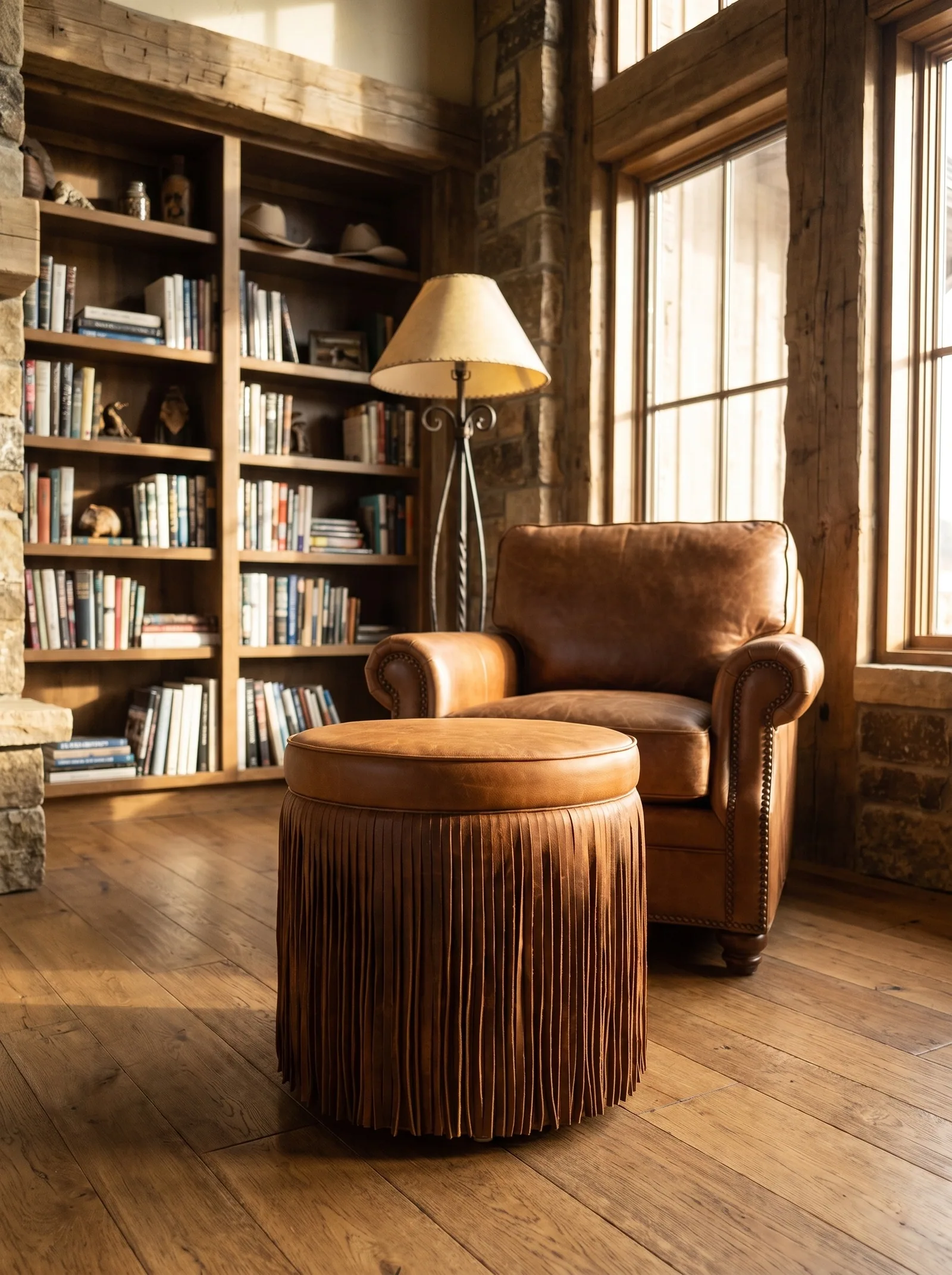 Cheyenne Round Fringe Ottoman in Honey full grain aniline leather
