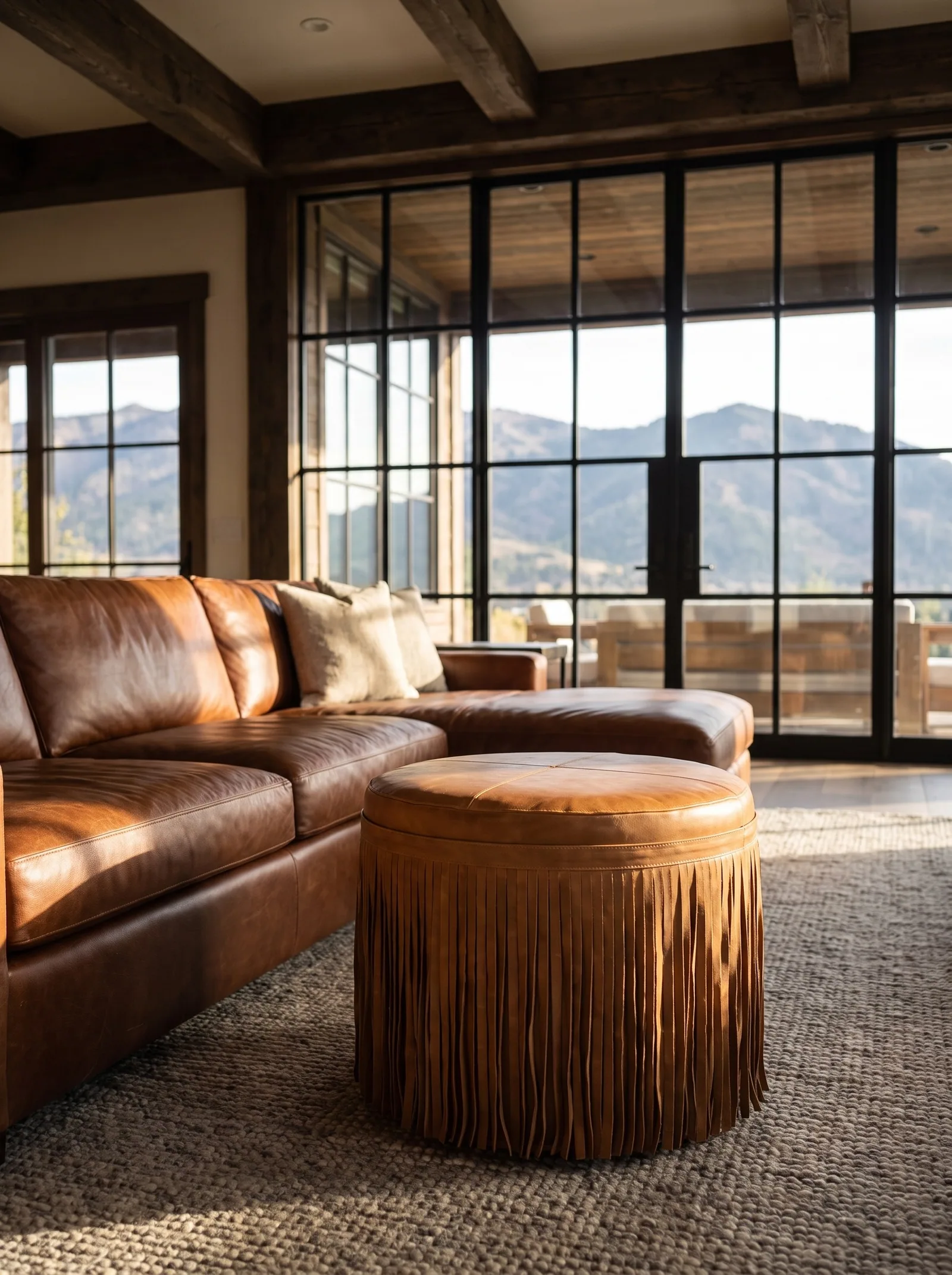 Laredo Fringe Ottoman in Honey full grain aniline leather