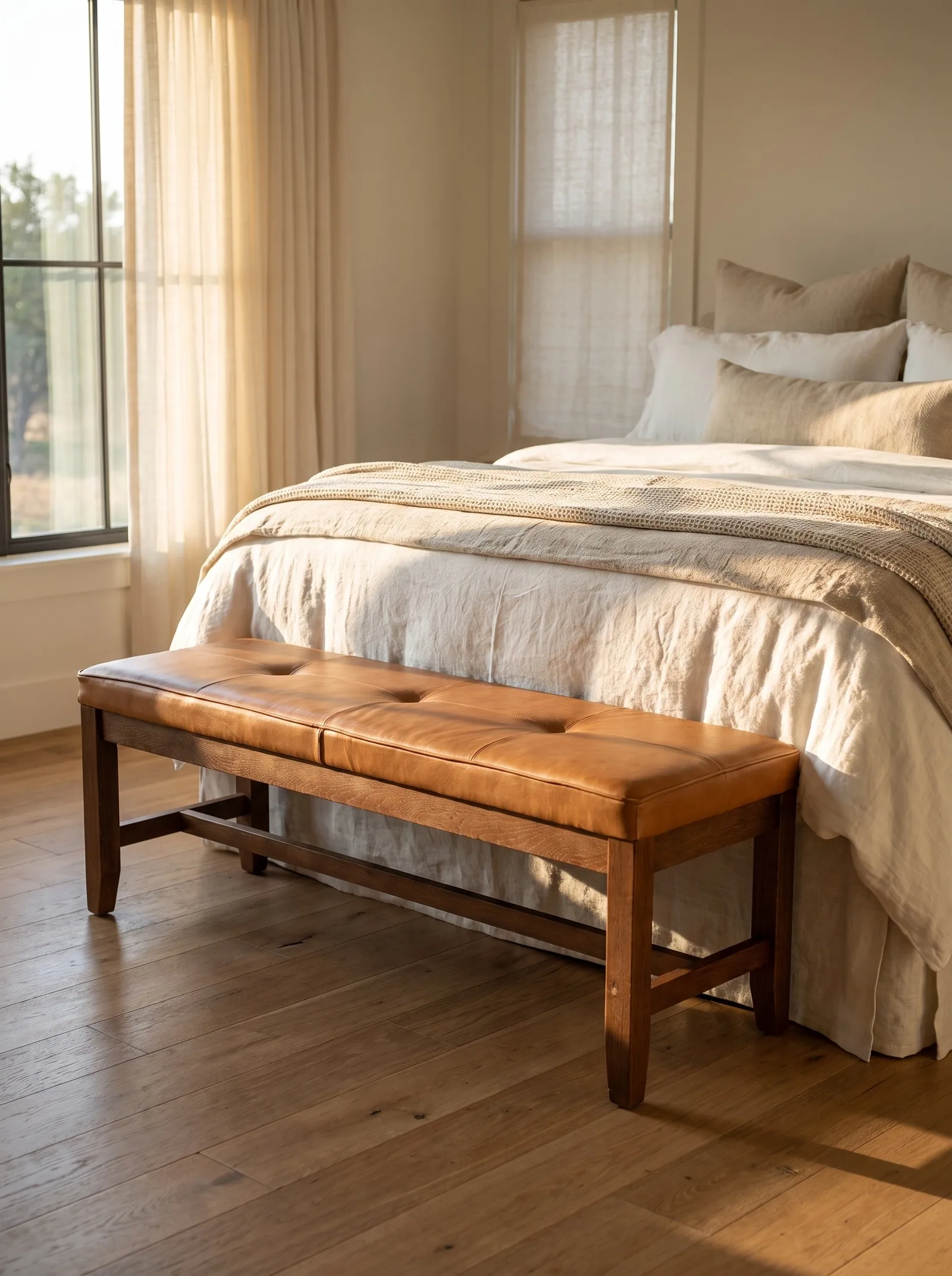Live Oak Tufted Bench in Honey full grain aniline leather