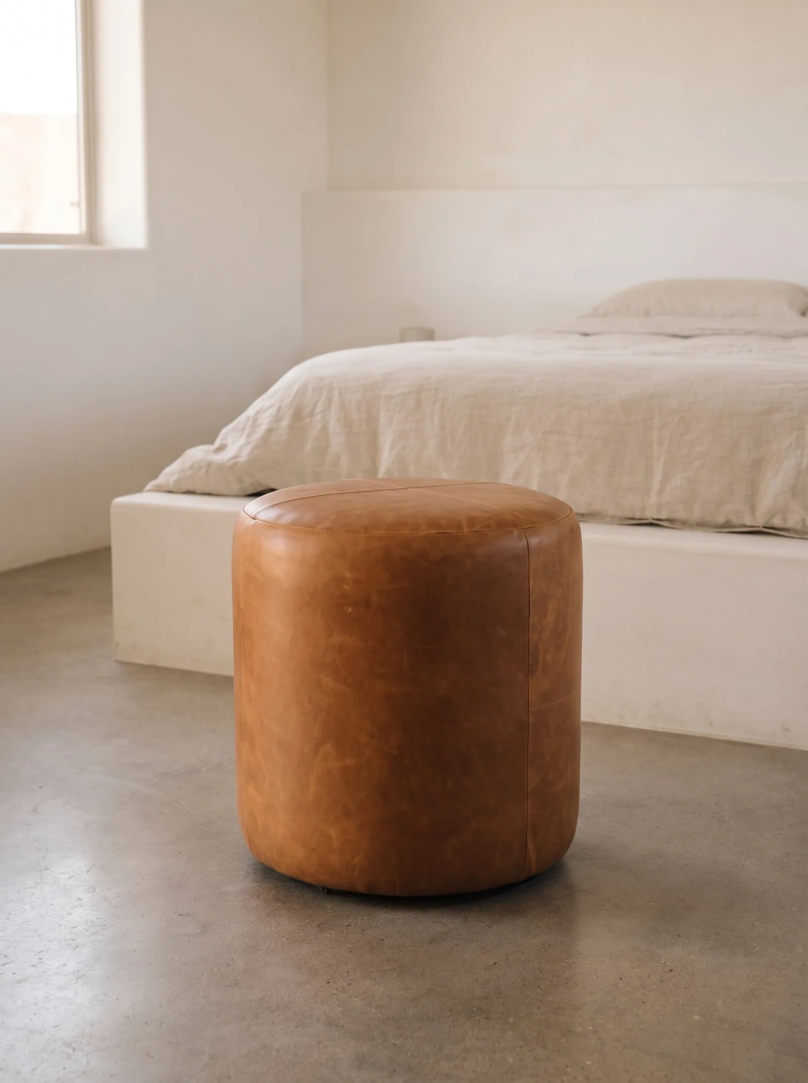 Marfa Round Ottoman in Honey full grain aniline leather