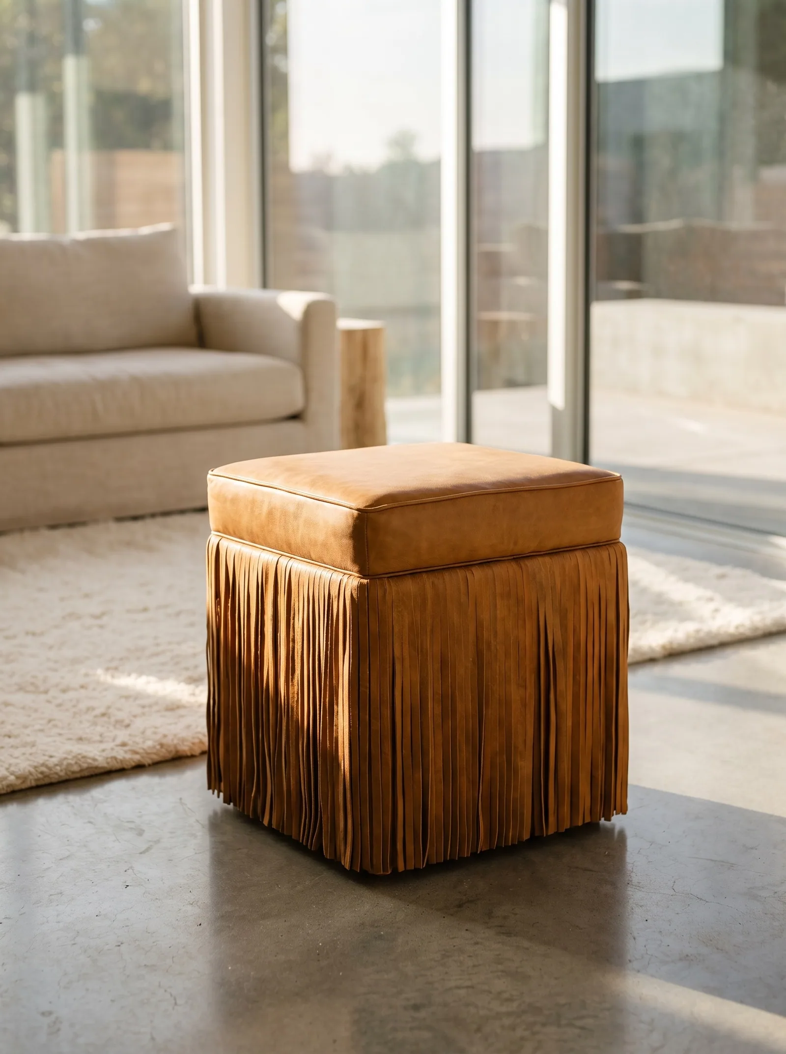Presidio Fringe Ottoman in Honey full grain aniline leather