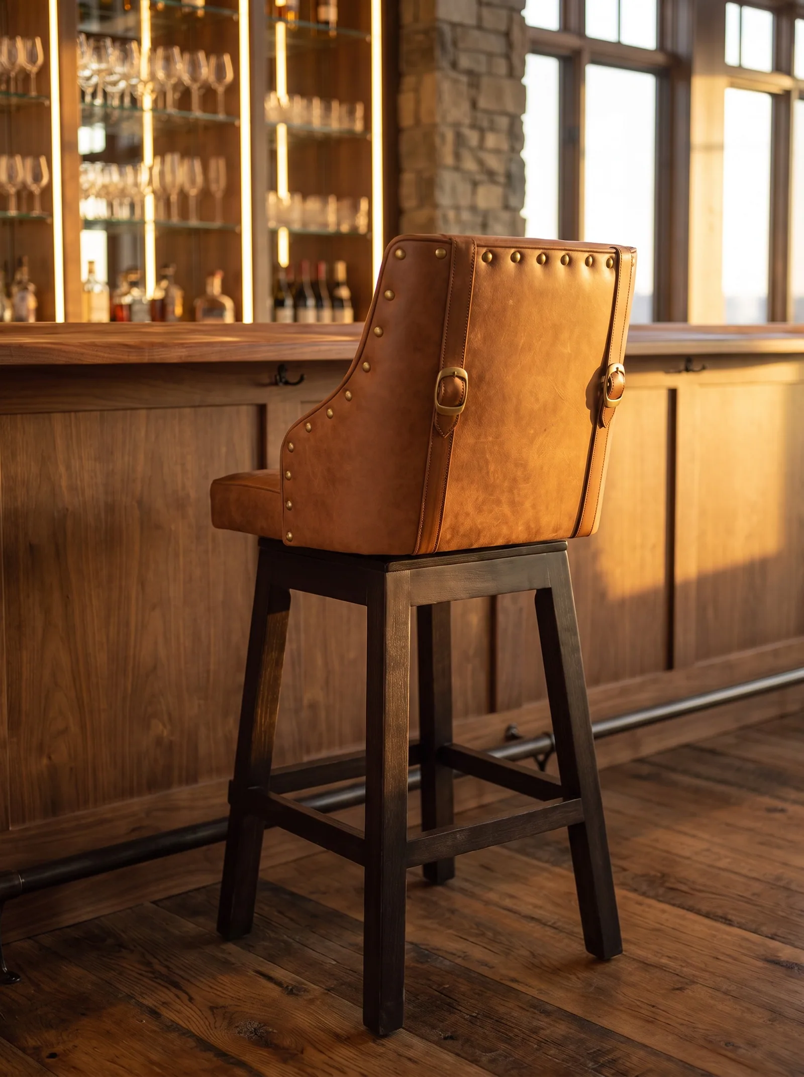Stirrup Bar Stool in Honey full grain aniline leather